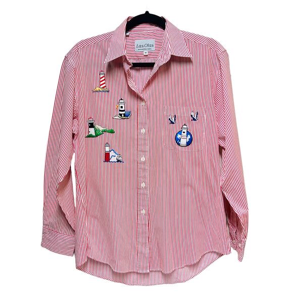 Las Olas Lighthouse‎ Button Up Long Sleeve Striped Shirt Red Women's Size Medium - Picture 1 of 10